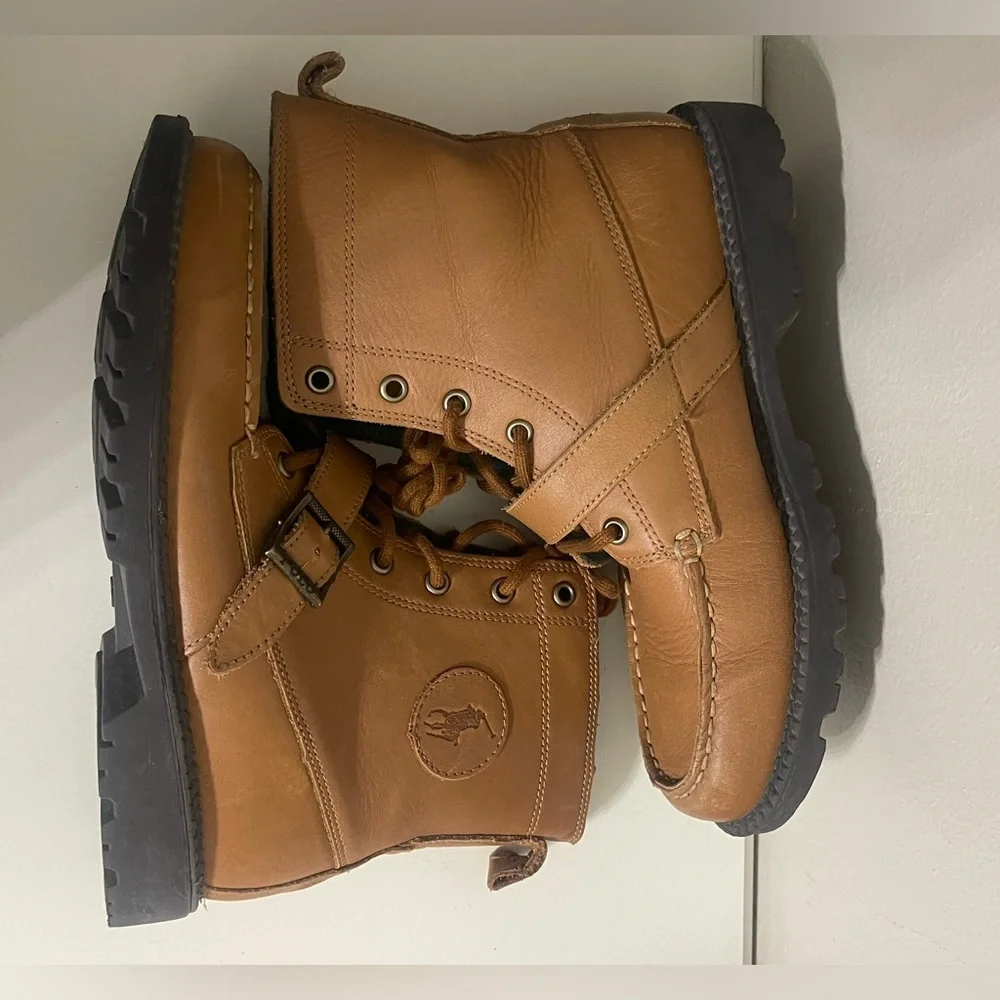 Ralph Lauren Tan Leather Ranger Buckled Lace up‎ Boots with Teal Lining Size 6